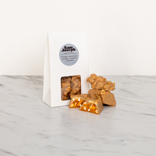 Blonde chocolate popcorn caramel clusters | Sam Joseph Chocolates | Luxury Chocolates Online
