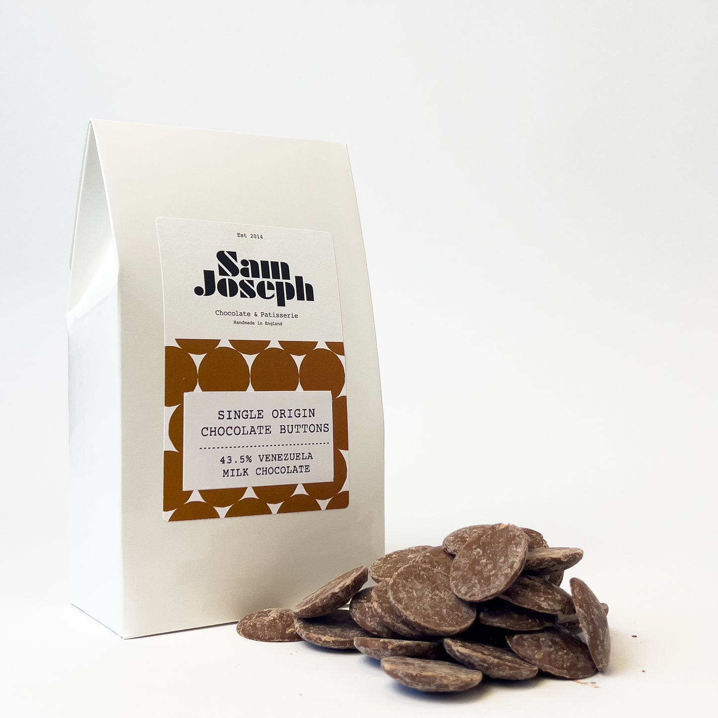 43% Venezuela milk chocolate buttons | Sam Joseph Chocolates | Luxury Chocolates Online Sam Joseph Chocolates