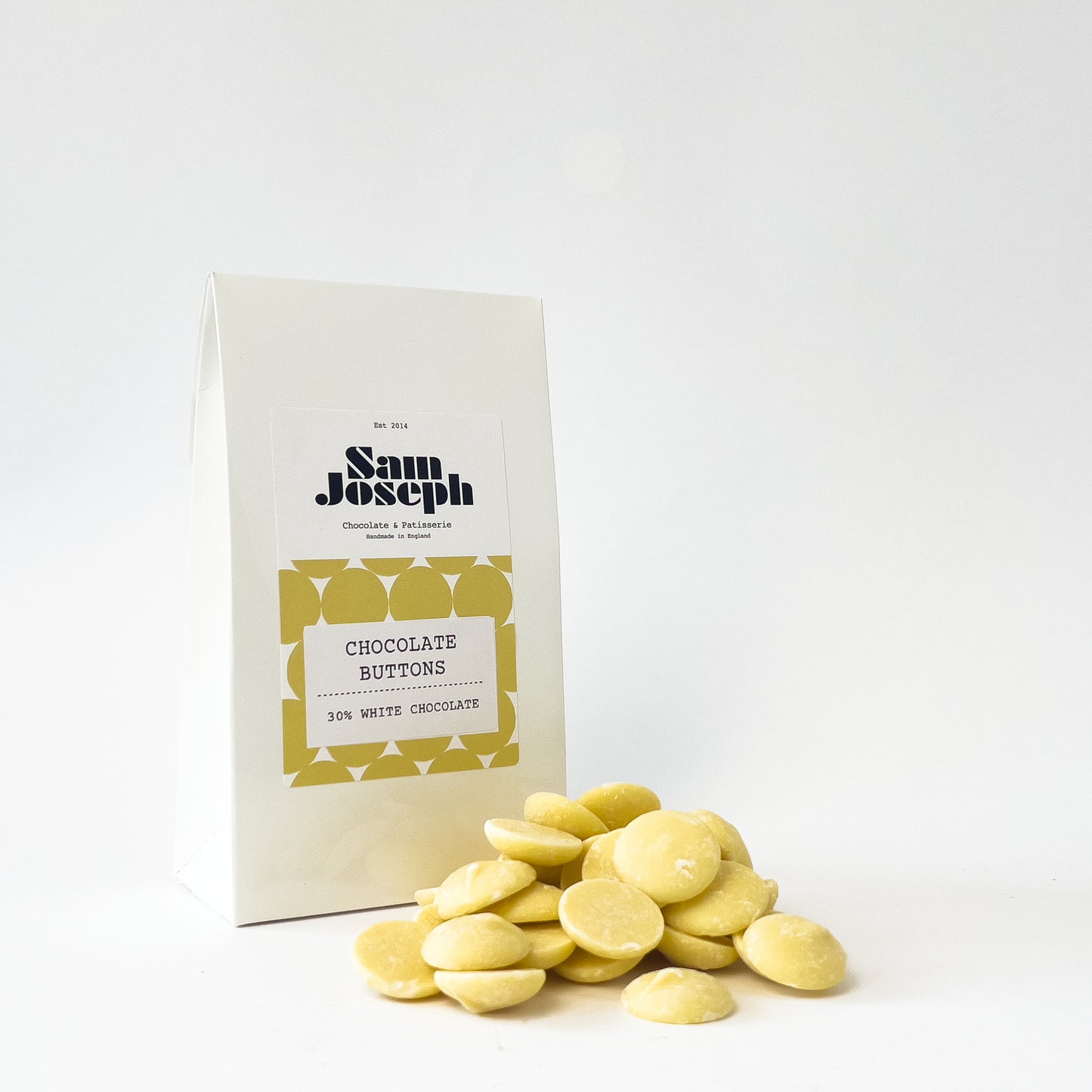 30% White chocolate buttons | Sam Joseph Chocolates | Luxury Chocolates Online Sam Joseph Chocolates