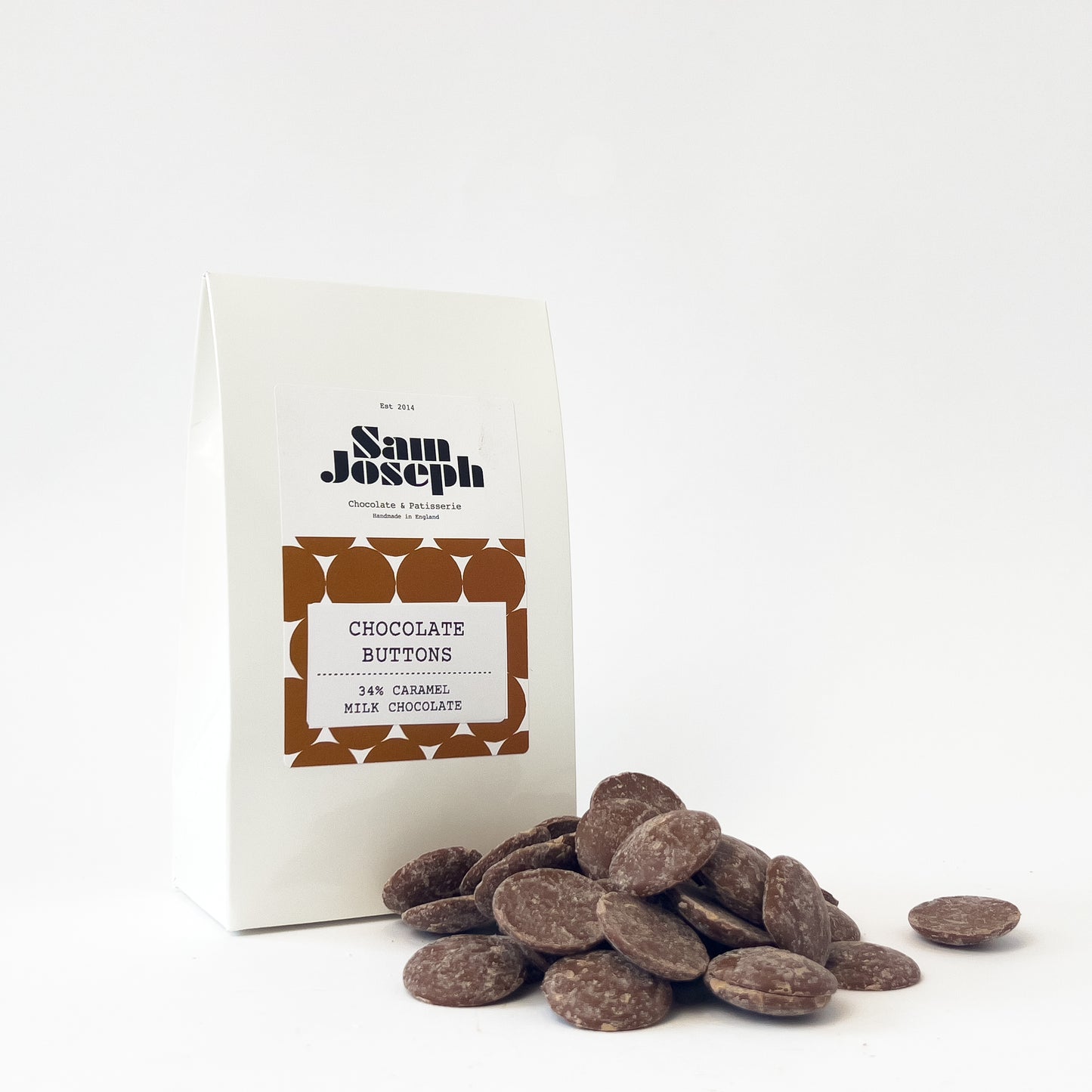 34% Caramel milk chocolate buttons | Sam Joseph Chocolates | Luxury Chocolates Online Sam Joseph Chocolates