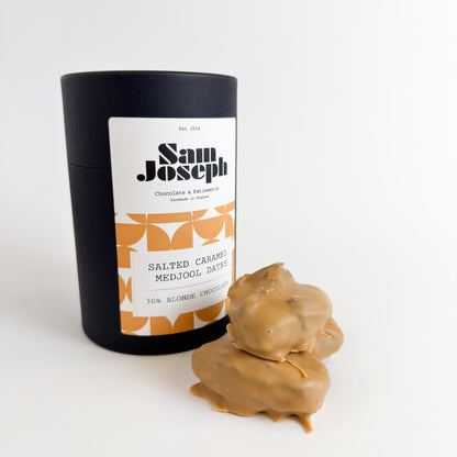 Salted caramel & blonde chocolate medjool dates | Sam Joseph Chocolates | Luxury Chocolates Online  Sam Joseph Chocolates